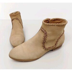 Jack Rogers Boots Womens 7 Tan Suede Embroidered Ankle Side Zip Low Heel